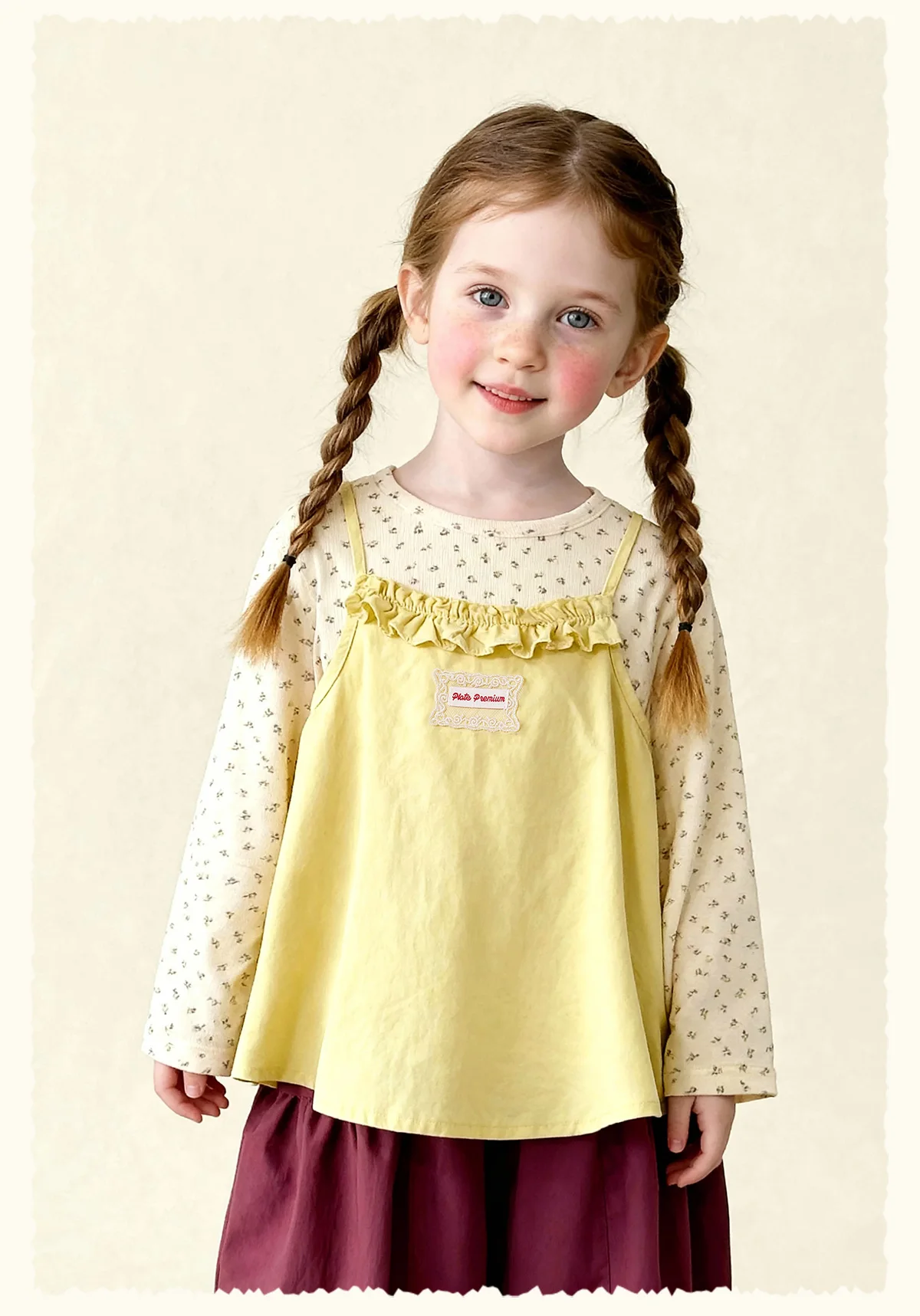 Amila Spring Girls' Strap Long Sleeve Two Piece Round Neck Long Shirt With Lotus Leaf Collar Strap Sweet And Cute Fashion Top