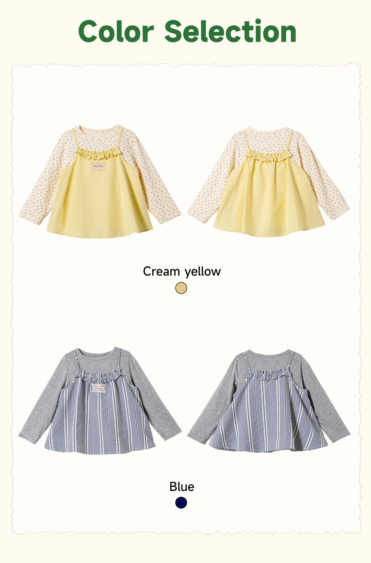 Amila Spring Girls' Strap Long Sleeve Two Piece Round Neck Long Shirt With Lotus Leaf Collar Strap Sweet And Cute Fashion Top