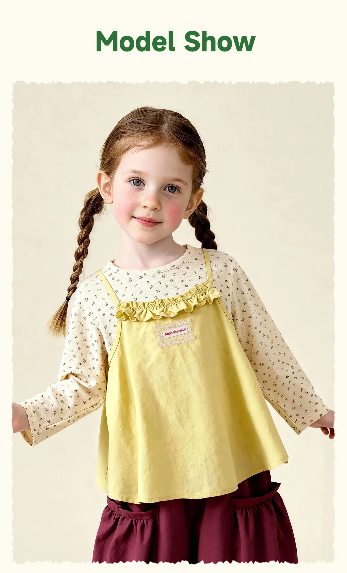 Amila Spring Girls' Strap Long Sleeve Two Piece Round Neck Long Shirt With Lotus Leaf Collar Strap Sweet And Cute Fashion Top