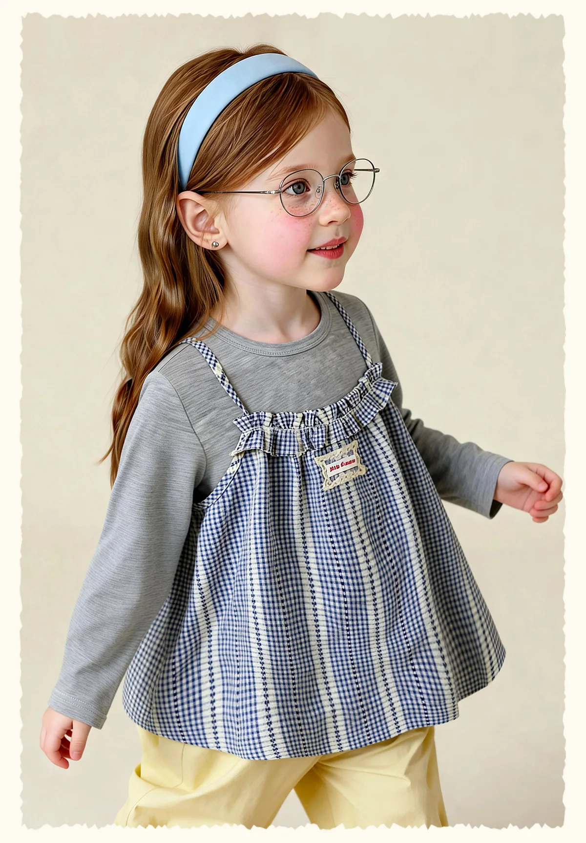Amila Spring Girls' Strap Long Sleeve Two Piece Round Neck Long Shirt With Lotus Leaf Collar Strap Sweet And Cute Fashion Top
