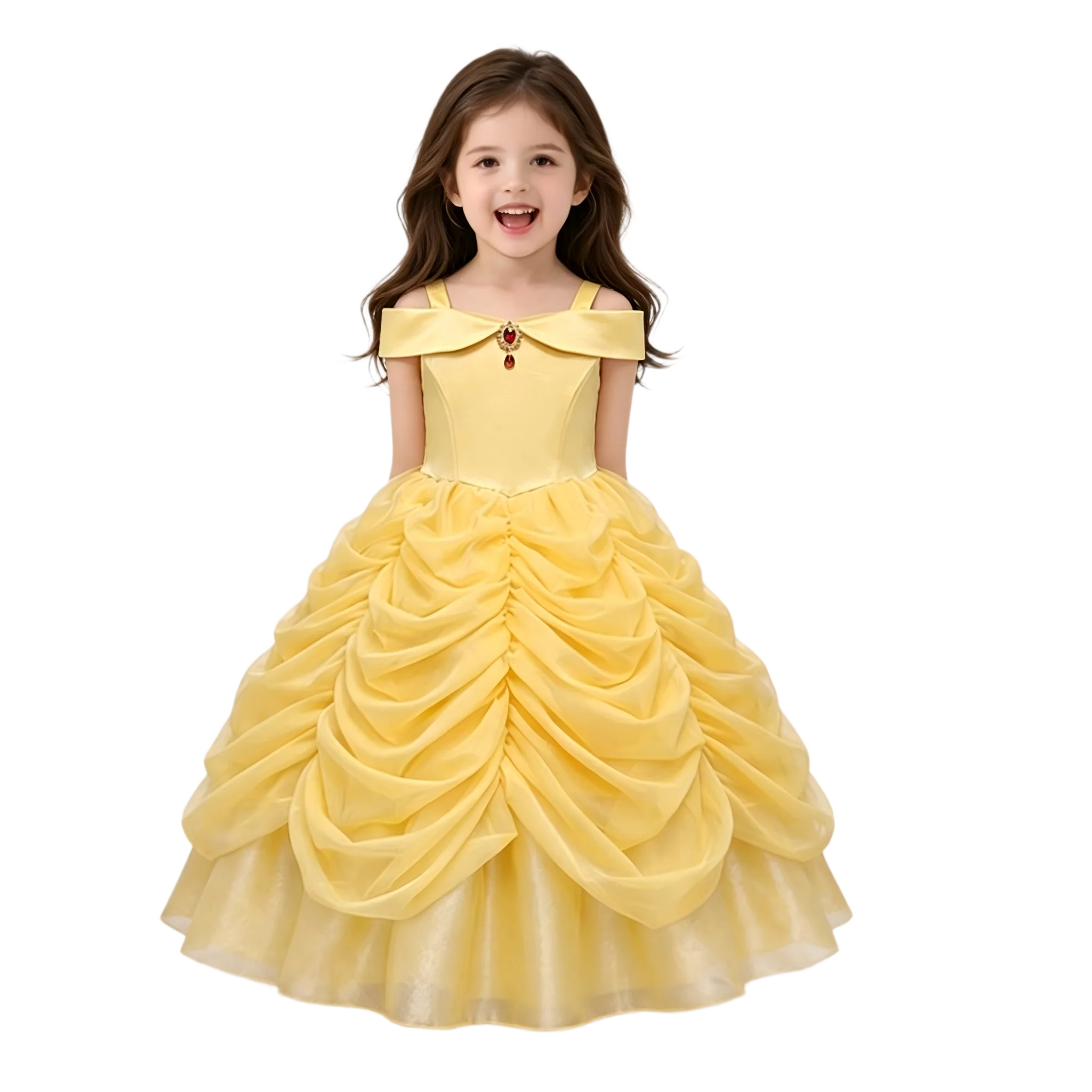 Girls Luxury Yellow Off Shoulder Princess Dress Ruby Accents Belle Cosplay Costume Birthday Party Elegant Ruched Tulle Ball Gown