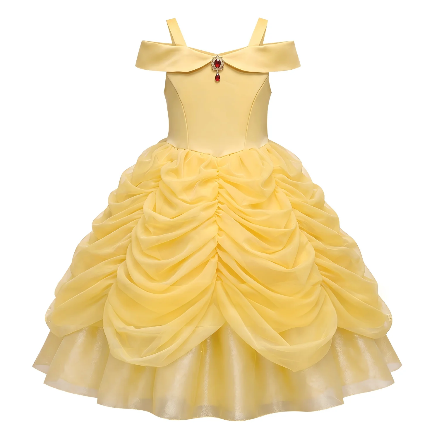 Girls Luxury Yellow Off Shoulder Princess Dress Ruby Accents Belle Cosplay Costume Birthday Party Elegant Ruched Tulle Ball Gown