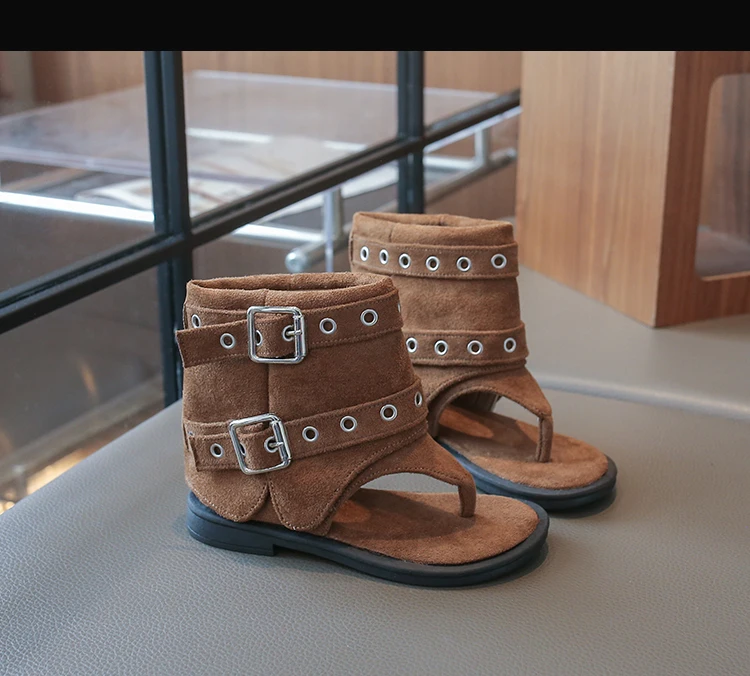 Little Girls Buckle Strap Ankle Boots Sandals 2026 New Summer Kids Flip Beach Shoes Non-slip Simple Boho Style Party Daily Wear