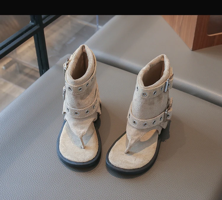 Little Girls Buckle Strap Ankle Boots Sandals 2026 New Summer Kids Flip Beach Shoes Non-slip Simple Boho Style Party Daily Wear