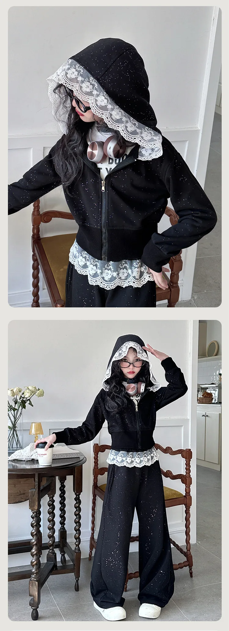2026 Spring New Girls Clothes Children Suit Teenager Lace Zipped Jacket Narrow Hooded Crop Top + Wide Leg Pants 4 -15 Years