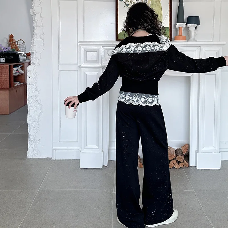 2026 Spring New Girls Clothes Children Suit Teenager Lace Zipped Jacket Narrow Hooded Crop Top + Wide Leg Pants 4 -15 Years