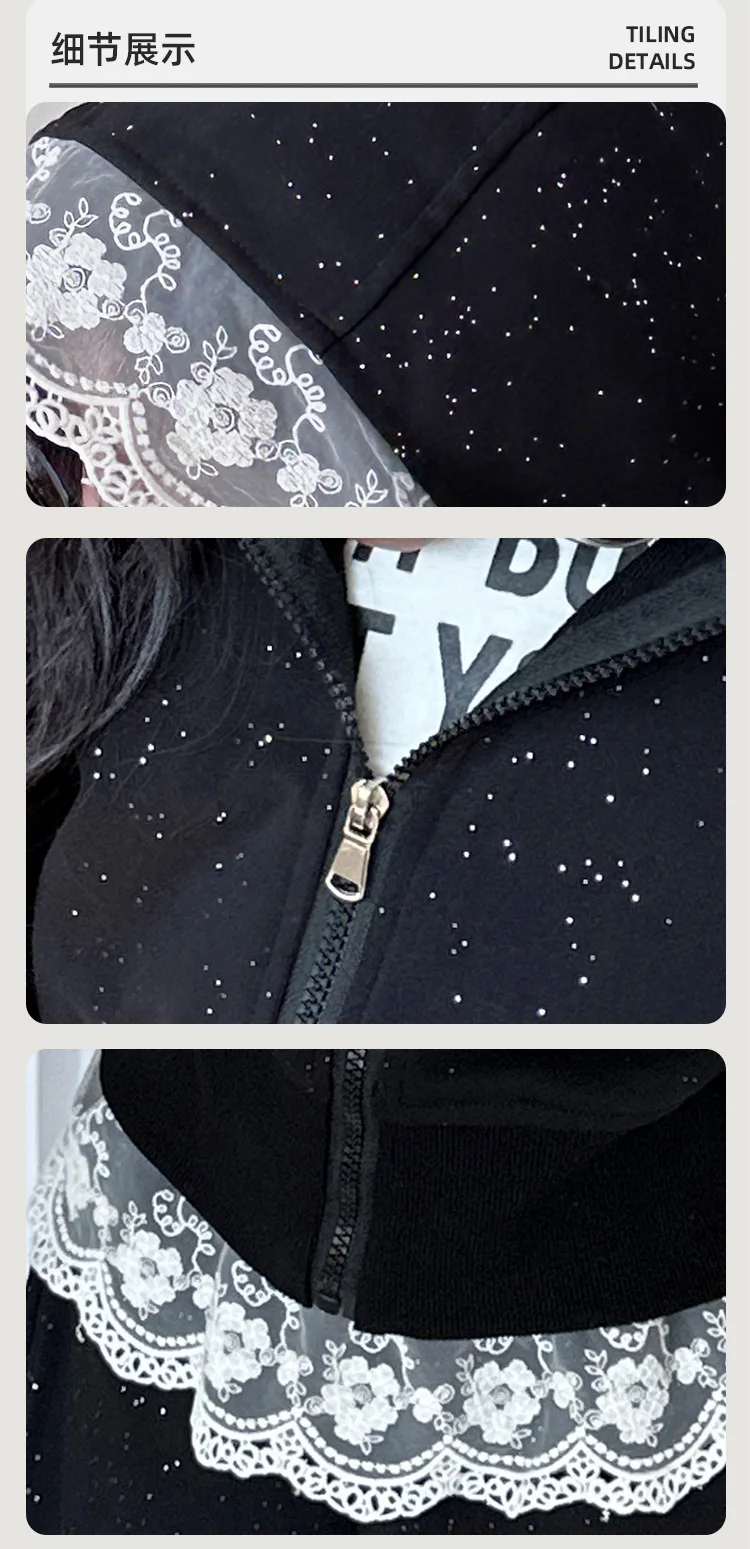 2026 Spring New Girls Clothes Children Suit Teenager Lace Zipped Jacket Narrow Hooded Crop Top + Wide Leg Pants 4 -15 Years