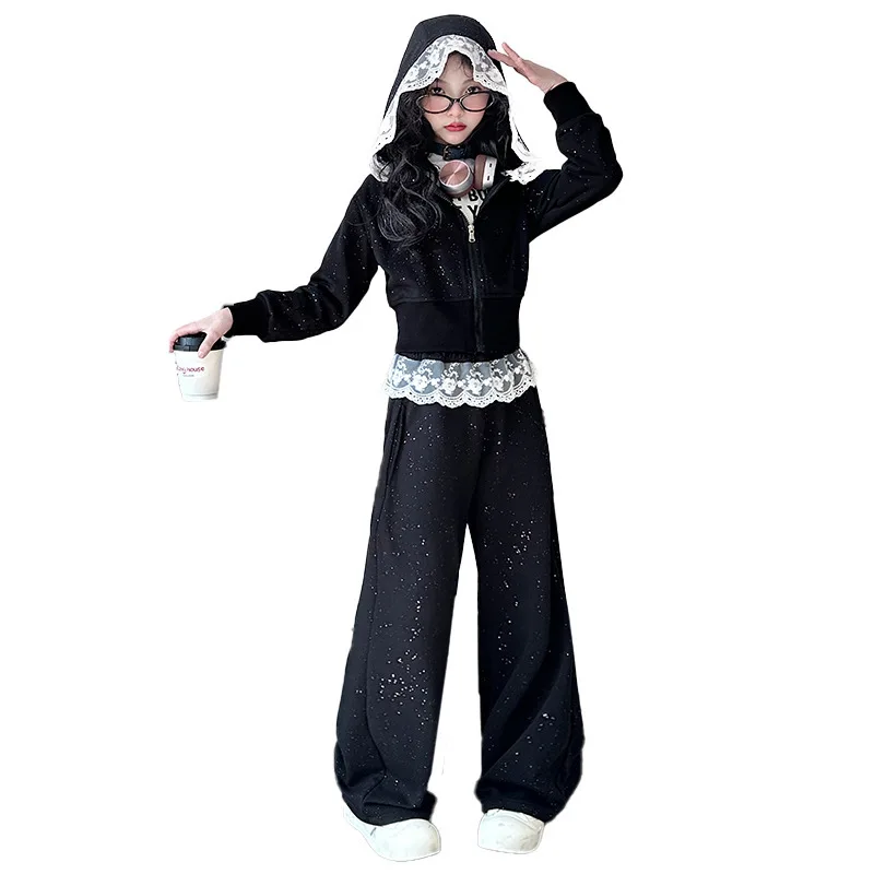 2026 Spring New Girls Clothes Children Suit Teenager Lace Zipped Jacket Narrow Hooded Crop Top + Wide Leg Pants 4 -15 Years