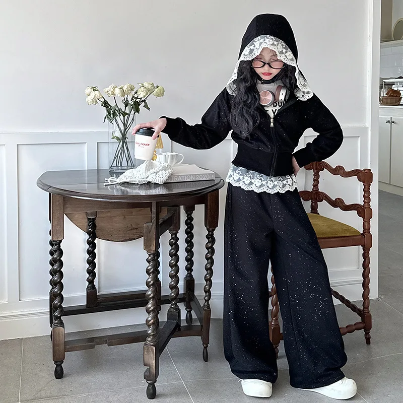2026 Spring New Girls Clothes Children Suit Teenager Lace Zipped Jacket Narrow Hooded Crop Top + Wide Leg Pants 4 -15 Years