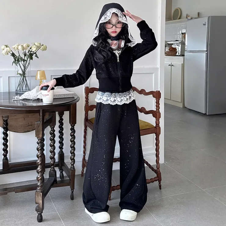 2026 Spring New Girls Clothes Children Suit Teenager Lace Zipped Jacket Narrow Hooded Crop Top + Wide Leg Pants 4 -15 Years