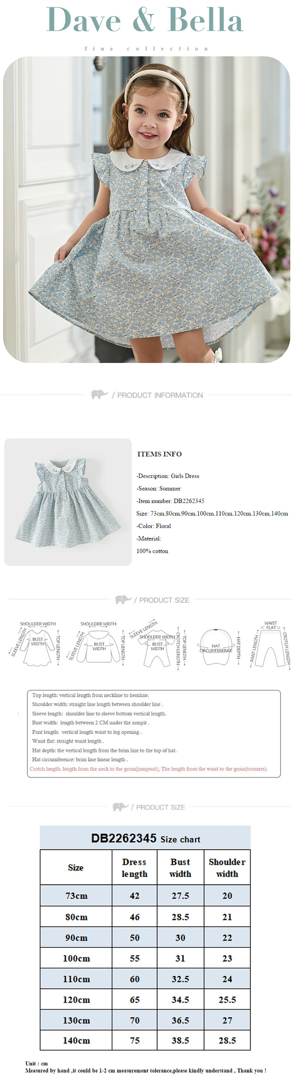 Dave Bella Girls Dresses Summer Kids Pure Cotton Dress Children Clothes Elegant Floral Print Princess Cute Charm Party DB2262345