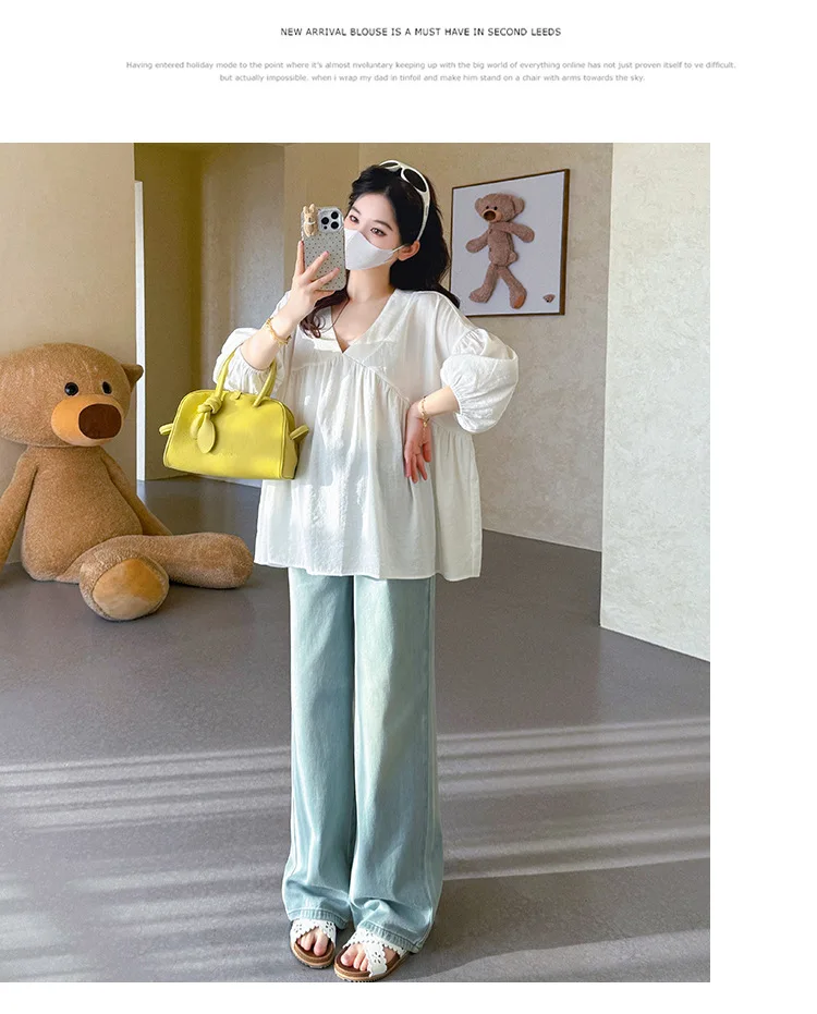 Maternity Shirt Summer 2026 Loose Breathable V Neck Puff Sleeve doll shirt Cute Soft Comfortable