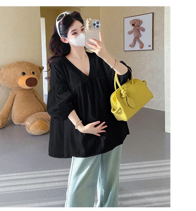 Maternity Shirt Summer 2026 Loose Breathable V Neck Puff Sleeve doll shirt Cute Soft Comfortable