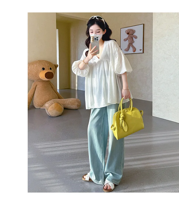Maternity Shirt Summer 2026 Loose Breathable V Neck Puff Sleeve doll shirt Cute Soft Comfortable