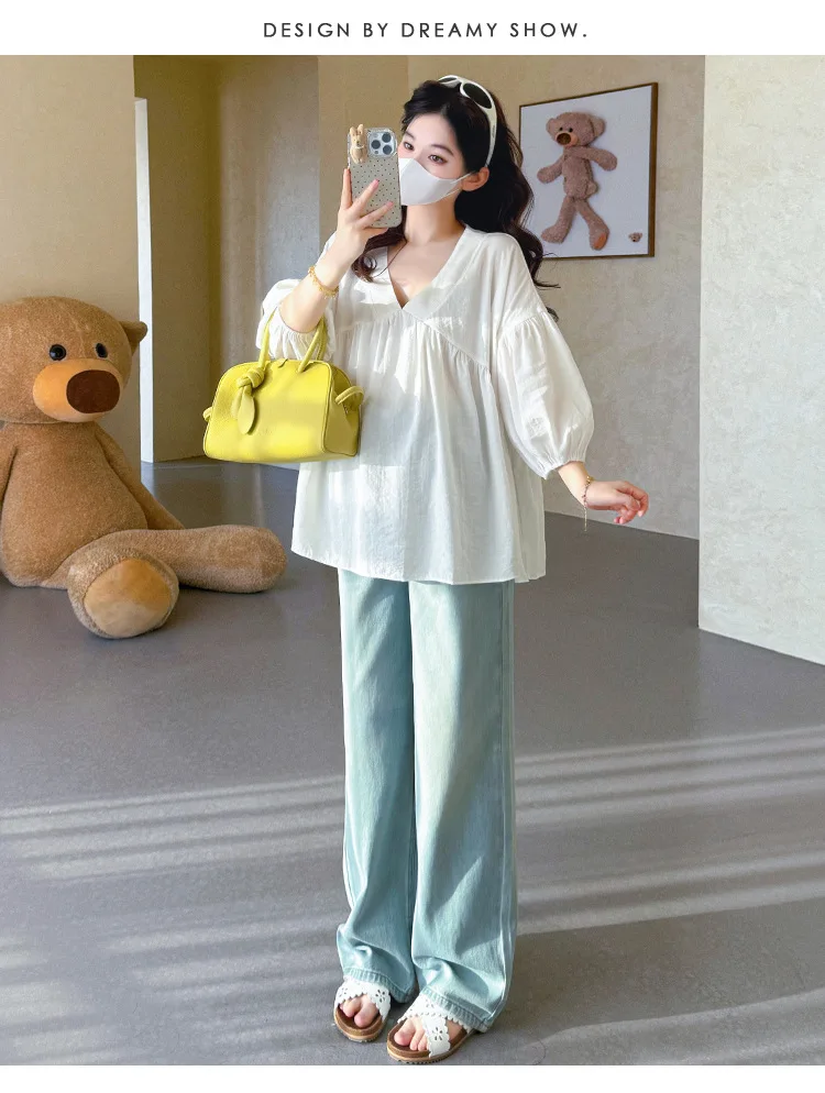 Maternity Shirt Summer 2026 Loose Breathable V Neck Puff Sleeve doll shirt Cute Soft Comfortable