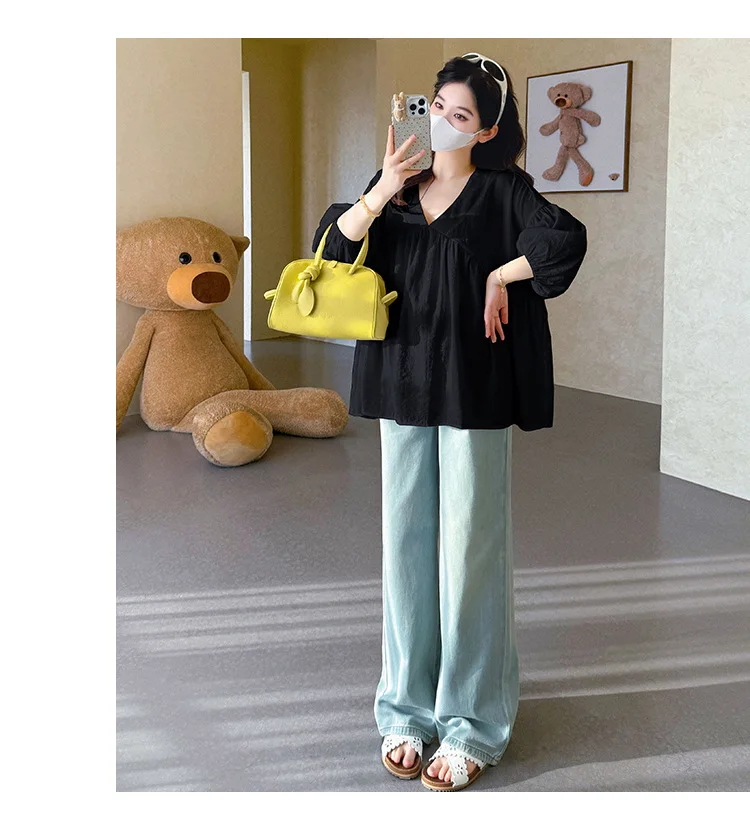 Maternity Shirt Summer 2026 Loose Breathable V Neck Puff Sleeve doll shirt Cute Soft Comfortable