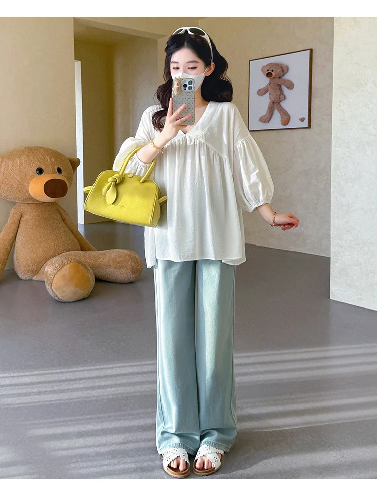 Maternity Shirt Summer 2026 Loose Breathable V Neck Puff Sleeve doll shirt Cute Soft Comfortable