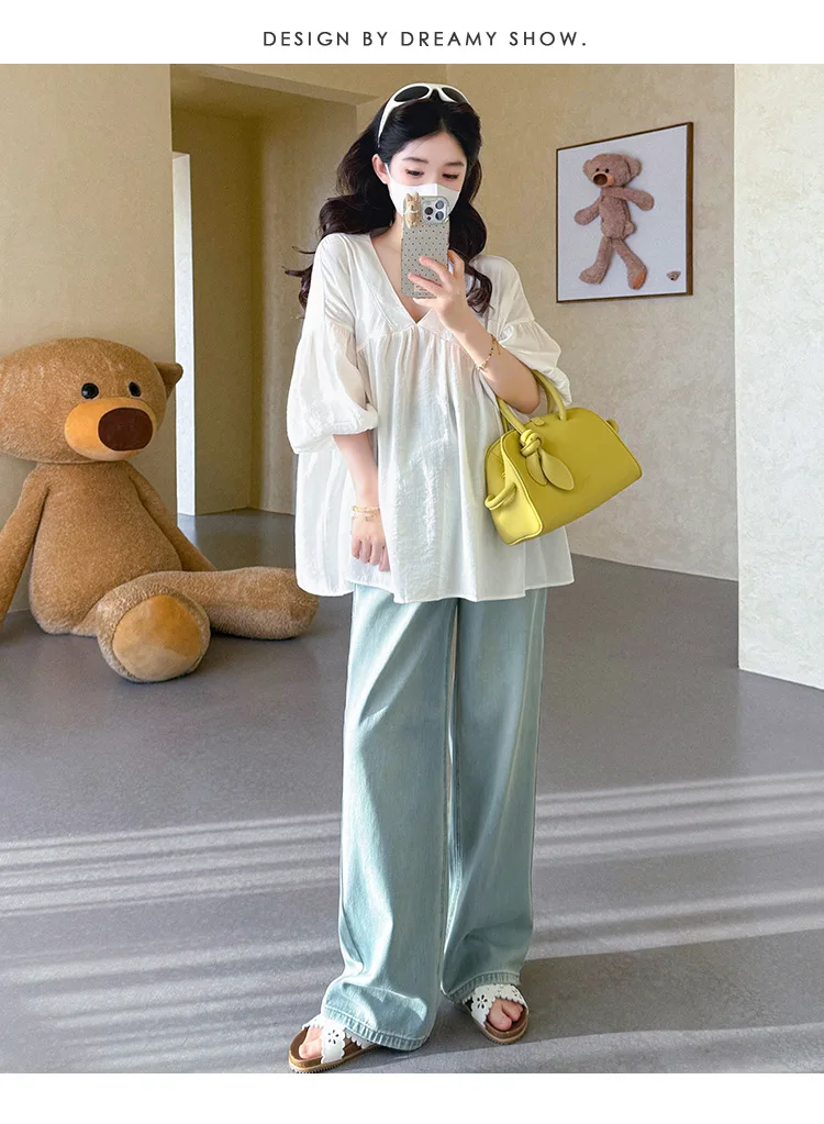 Maternity Shirt Summer 2026 Loose Breathable V Neck Puff Sleeve doll shirt Cute Soft Comfortable