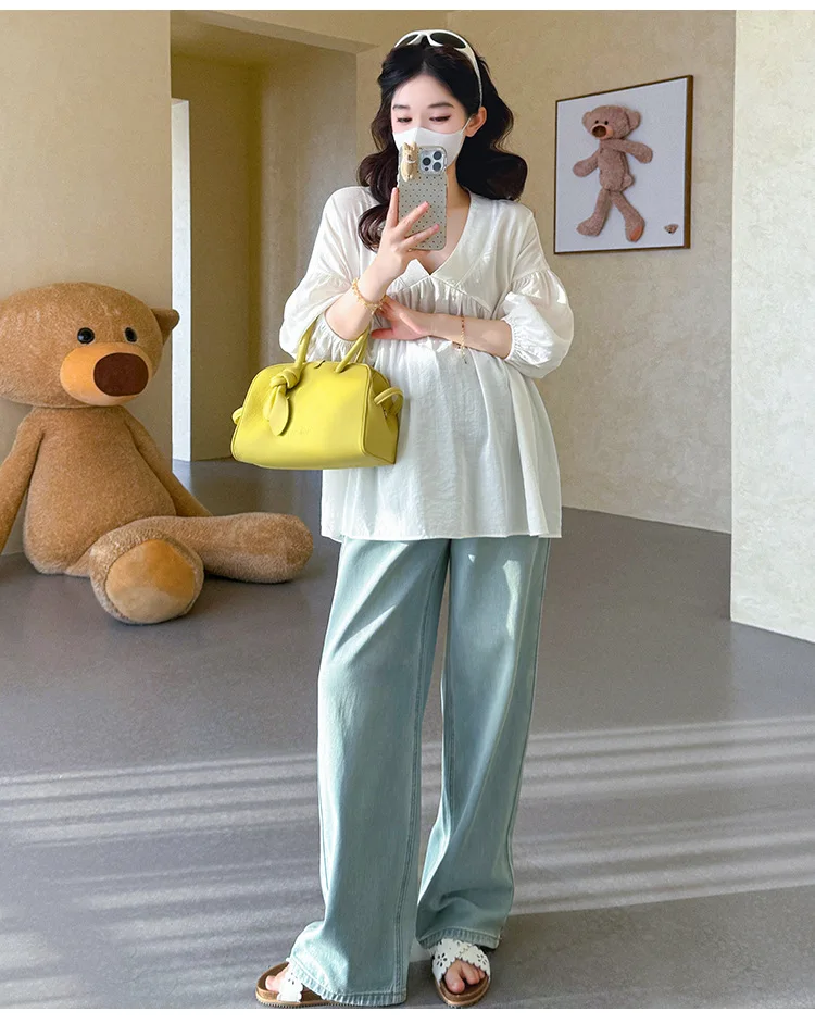 Maternity Shirt Summer 2026 Loose Breathable V Neck Puff Sleeve doll shirt Cute Soft Comfortable