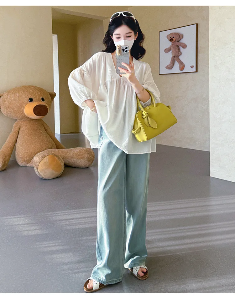 Maternity Shirt Summer 2026 Loose Breathable V Neck Puff Sleeve doll shirt Cute Soft Comfortable