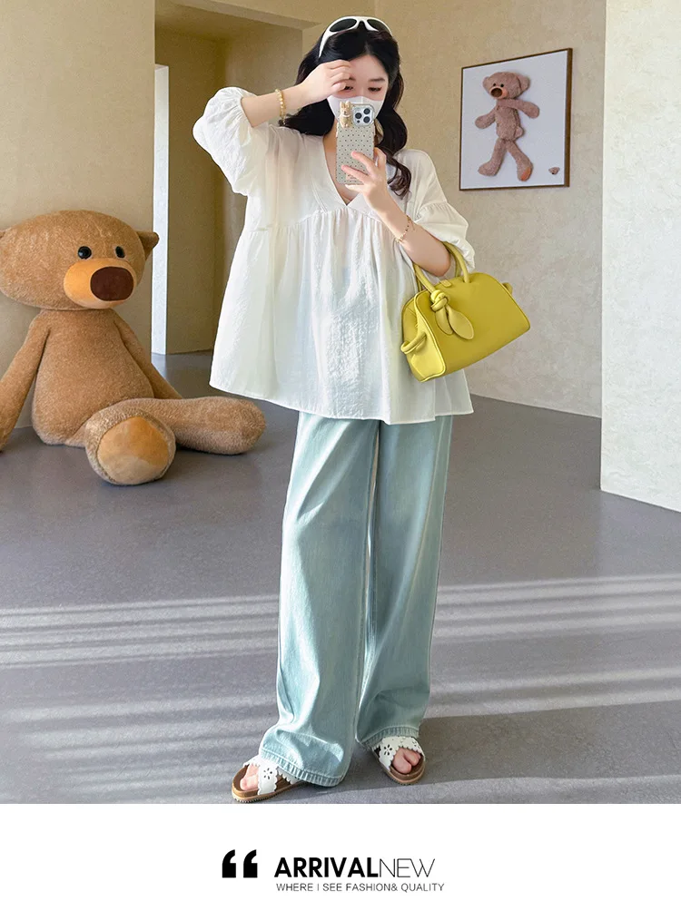 Maternity Shirt Summer 2026 Loose Breathable V Neck Puff Sleeve doll shirt Cute Soft Comfortable