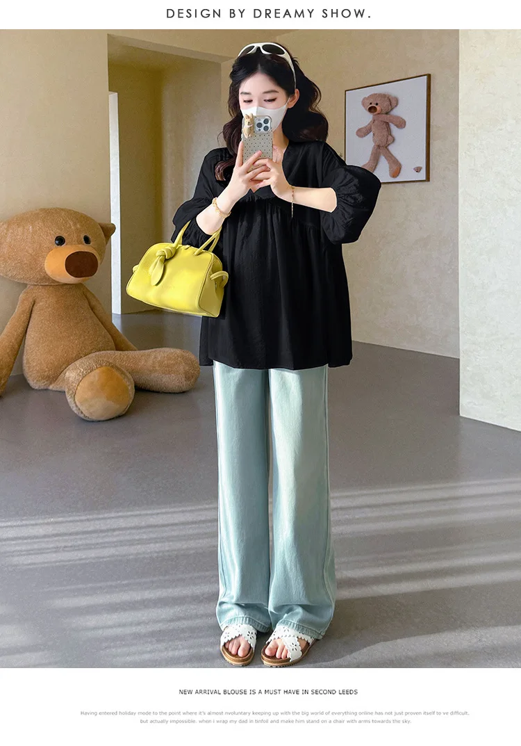 Maternity Shirt Summer 2026 Loose Breathable V Neck Puff Sleeve doll shirt Cute Soft Comfortable