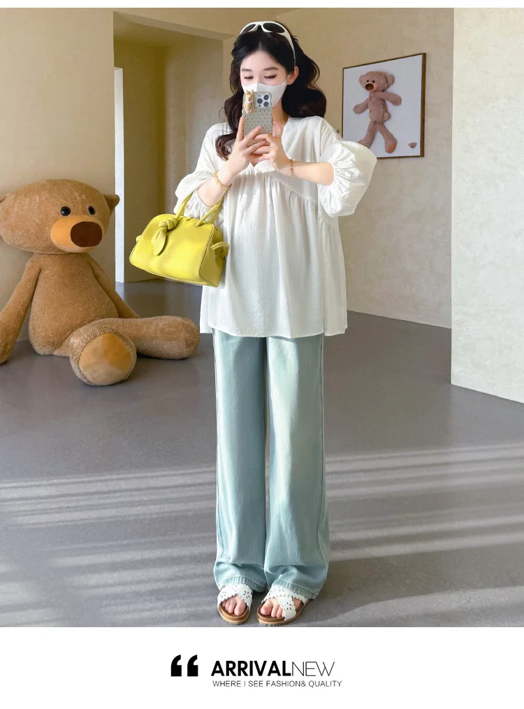 Maternity Shirt Summer 2026 Loose Breathable V Neck Puff Sleeve doll shirt Cute Soft Comfortable