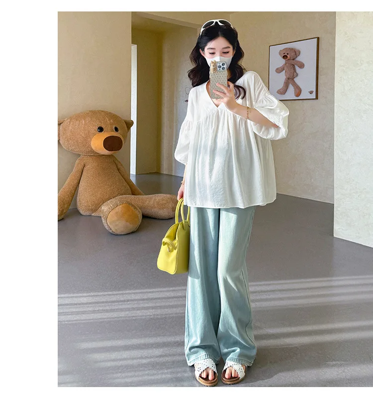 Maternity Shirt Summer 2026 Loose Breathable V Neck Puff Sleeve doll shirt Cute Soft Comfortable