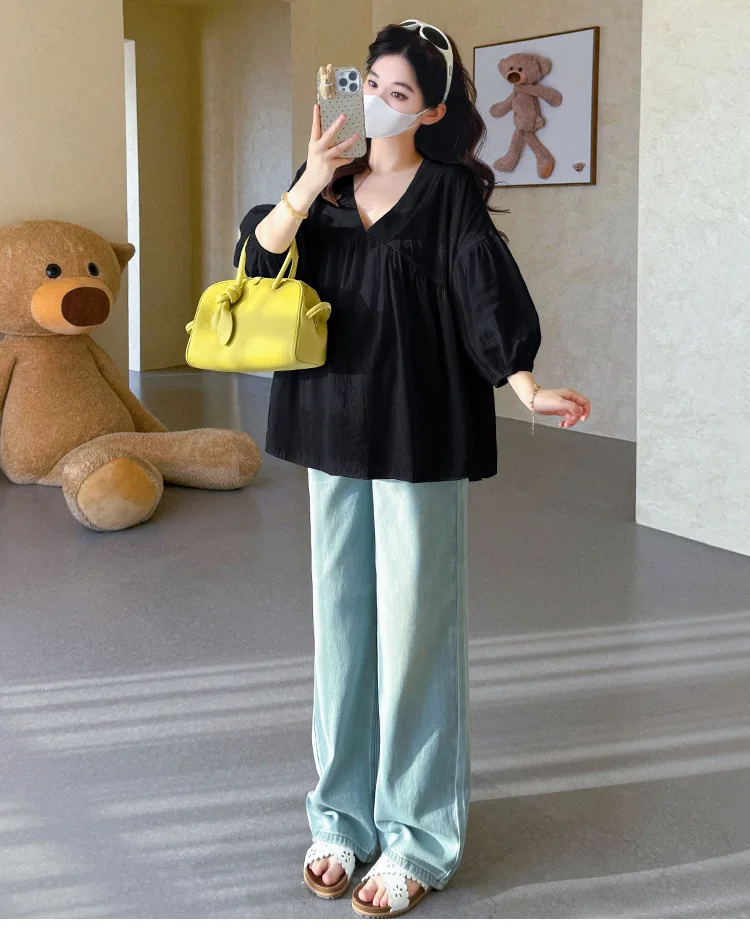 Maternity Shirt Summer 2026 Loose Breathable V Neck Puff Sleeve doll shirt Cute Soft Comfortable