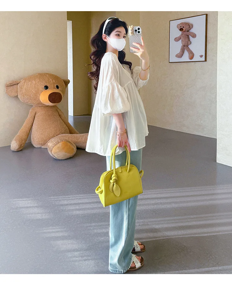 Maternity Shirt Summer 2026 Loose Breathable V Neck Puff Sleeve doll shirt Cute Soft Comfortable