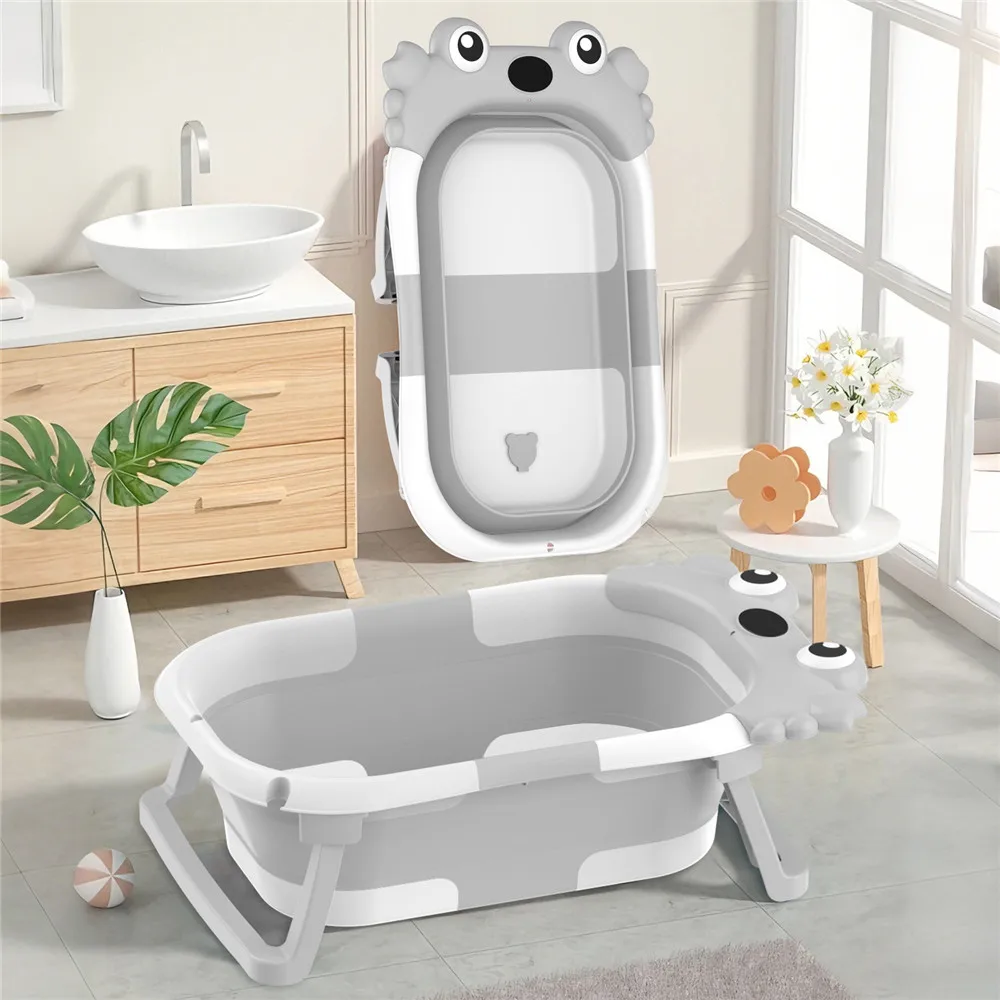Foldable Baby Bathtub with Temperature Sensor & Non-Slip Bath Mat Cushion Support Portable Newborn Shower Tub for 0-36 Months Travel Bath Pool