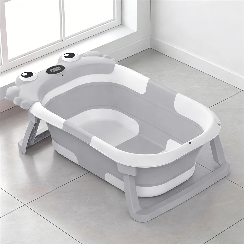 Foldable Baby Bathtub with Temperature Sensor & Non-Slip Bath Mat Cushion Support Portable Newborn Shower Tub for 0-36 Months Travel Bath Pool