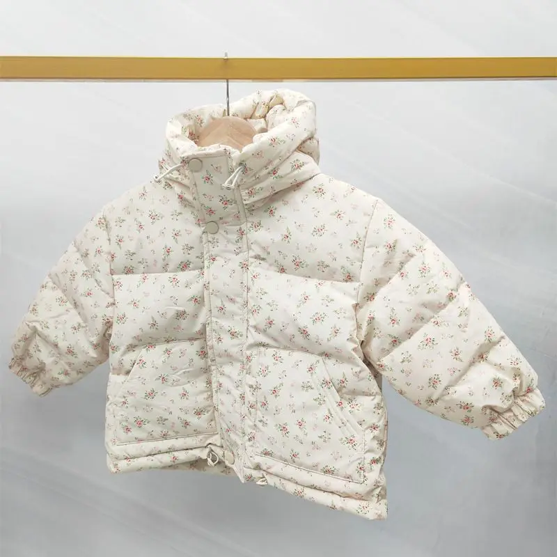 Winter Infant Baby Girl Parka Cotton Padded Floral Printed Toddler Hooded Jacket Thicken Windproof Outerwear for Little Kids