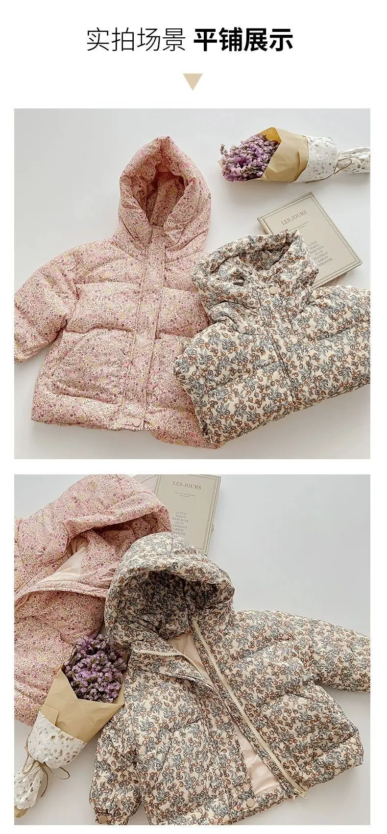 Winter Infant Baby Girl Parka Cotton Padded Floral Printed Toddler Hooded Jacket Thicken Windproof Outerwear for Little Kids