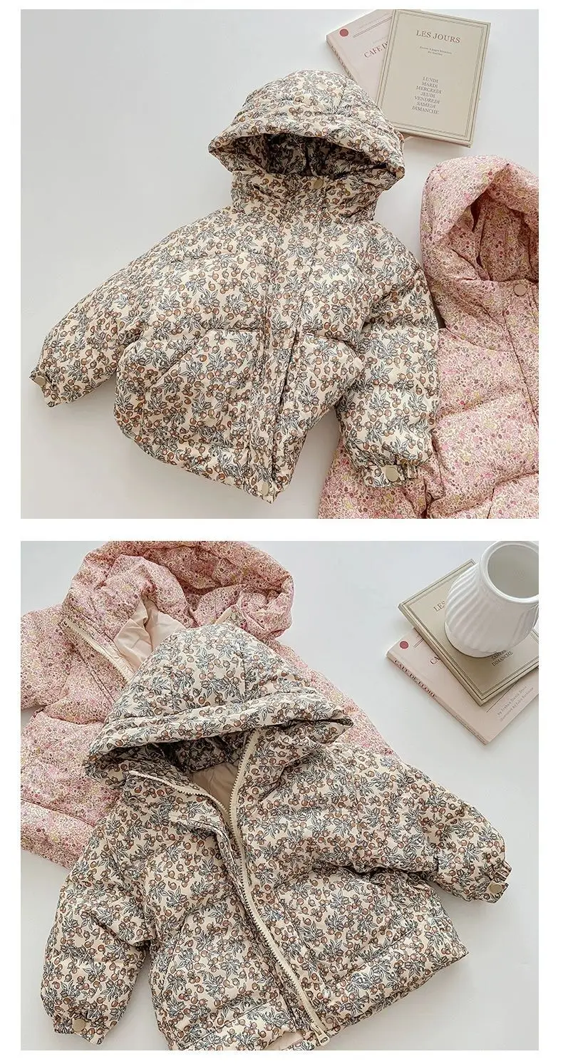 Winter Infant Baby Girl Parka Cotton Padded Floral Printed Toddler Hooded Jacket Thicken Windproof Outerwear for Little Kids