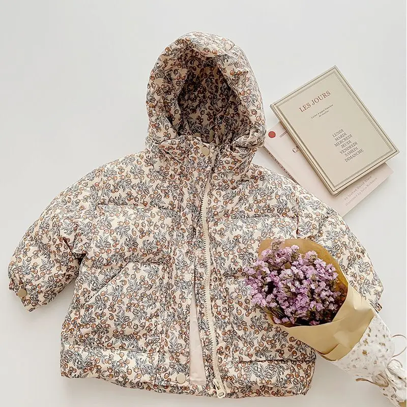 Winter Infant Baby Girl Parka Cotton Padded Floral Printed Toddler Hooded Jacket Thicken Windproof Outerwear for Little Kids