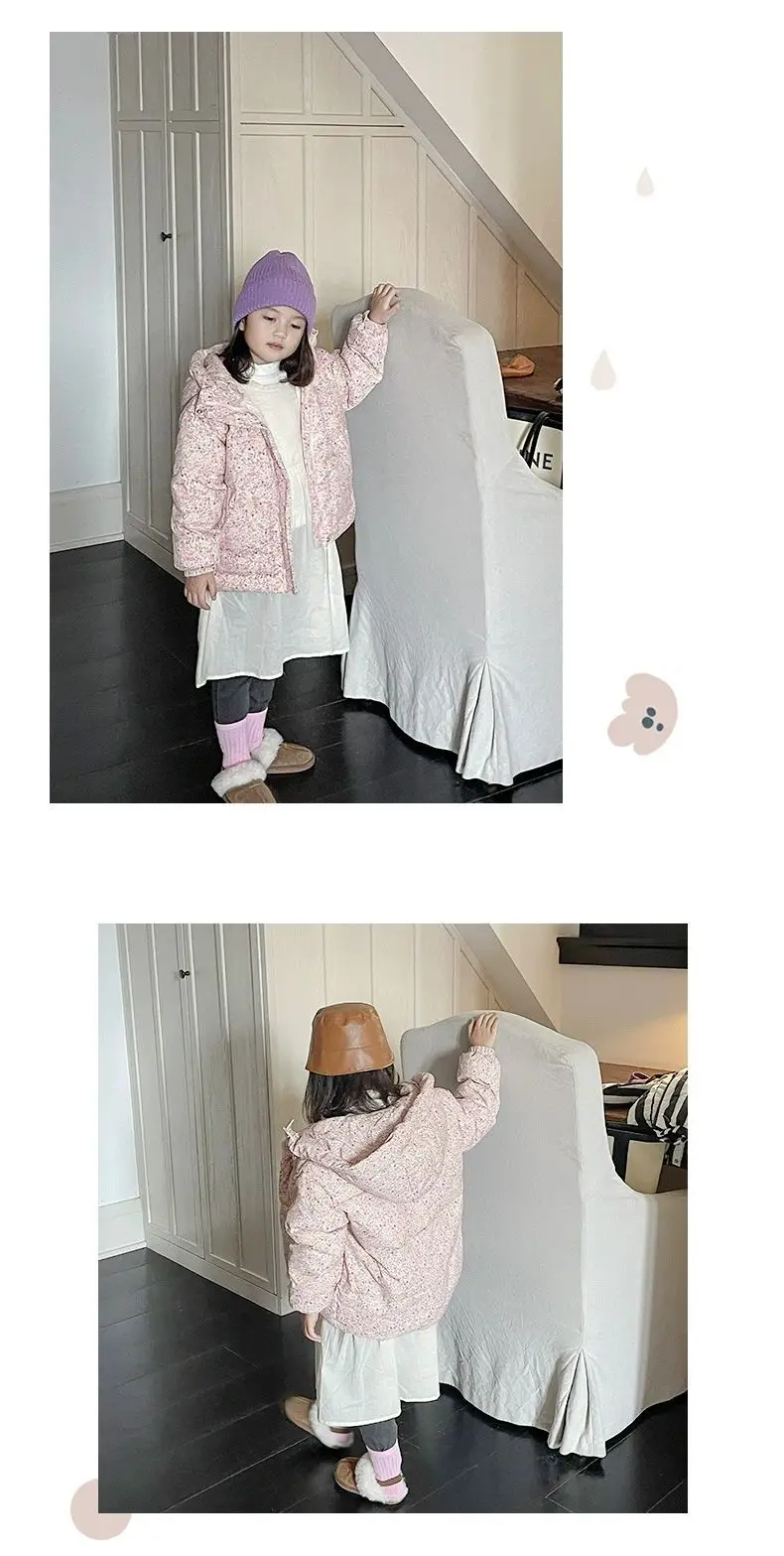 Winter Infant Baby Girl Parka Cotton Padded Floral Printed Toddler Hooded Jacket Thicken Windproof Outerwear for Little Kids
