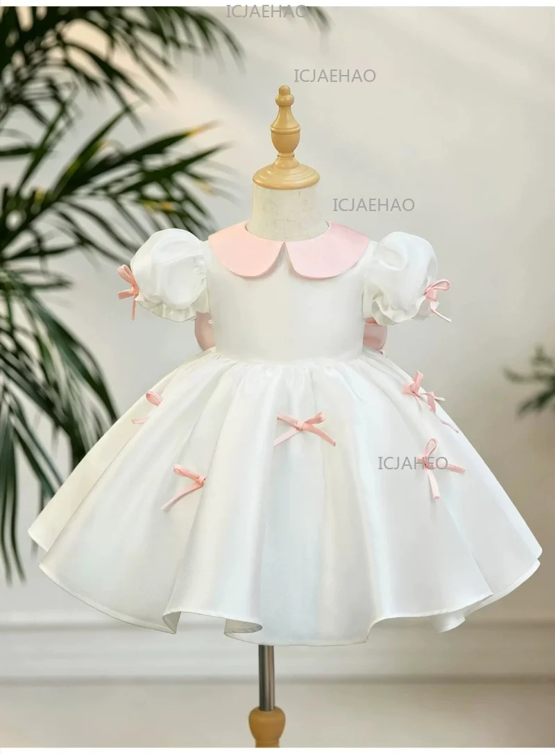 2026 Children Girls White Formal Wedding Dress Kids Fashion Performance Pink Bow Baby Birthday First Party Princess Gown Costume