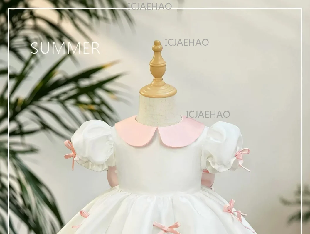 2026 Children Girls White Formal Wedding Dress Kids Fashion Performance Pink Bow Baby Birthday First Party Princess Gown Costume
