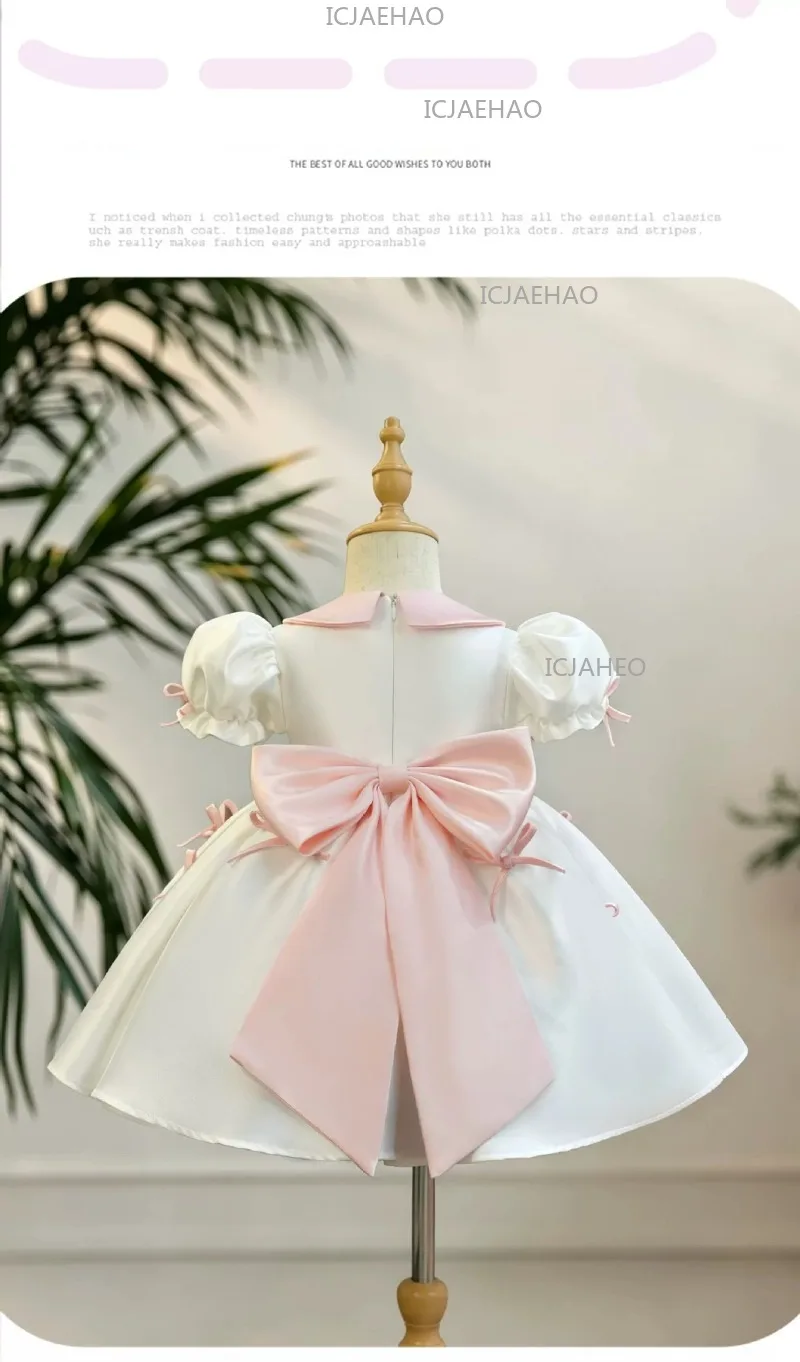 2026 Children Girls White Formal Wedding Dress Kids Fashion Performance Pink Bow Baby Birthday First Party Princess Gown Costume