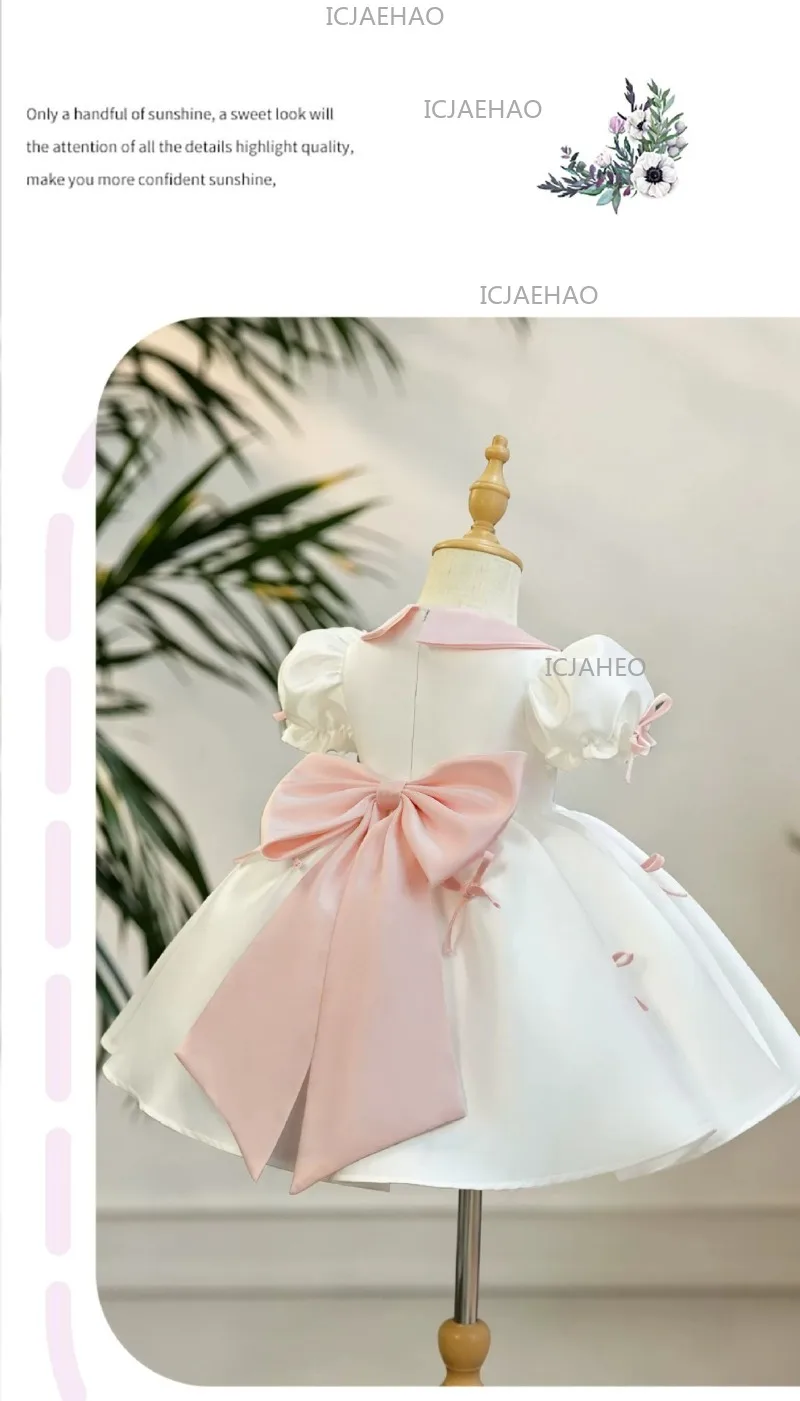 2026 Children Girls White Formal Wedding Dress Kids Fashion Performance Pink Bow Baby Birthday First Party Princess Gown Costume