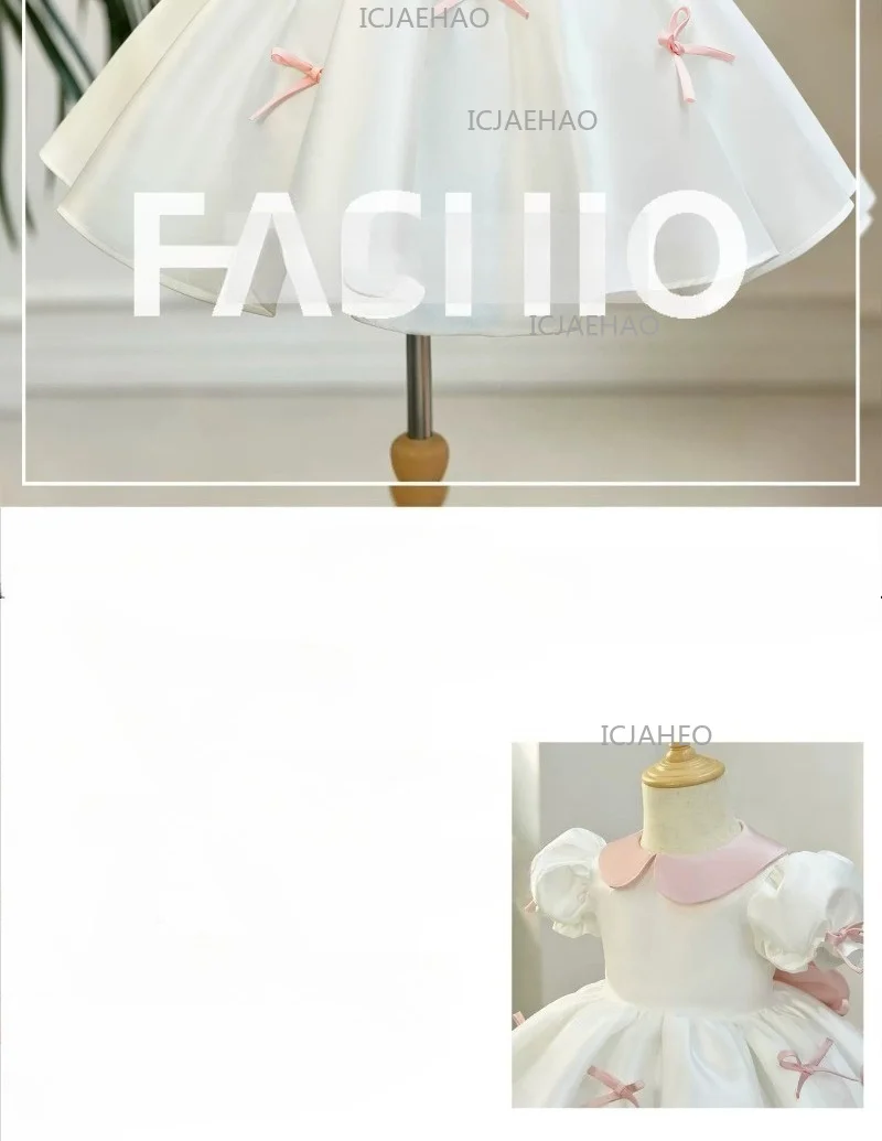 2026 Children Girls White Formal Wedding Dress Kids Fashion Performance Pink Bow Baby Birthday First Party Princess Gown Costume
