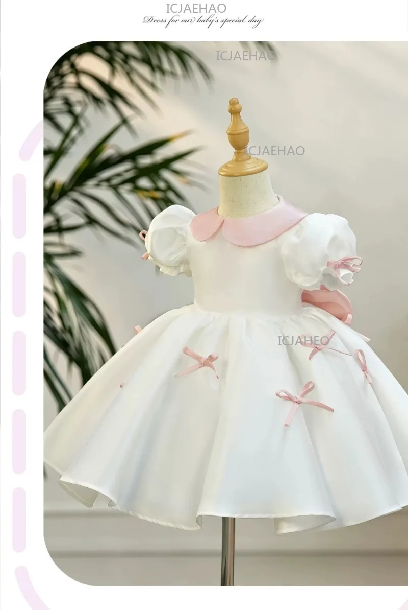 2026 Children Girls White Formal Wedding Dress Kids Fashion Performance Pink Bow Baby Birthday First Party Princess Gown Costume