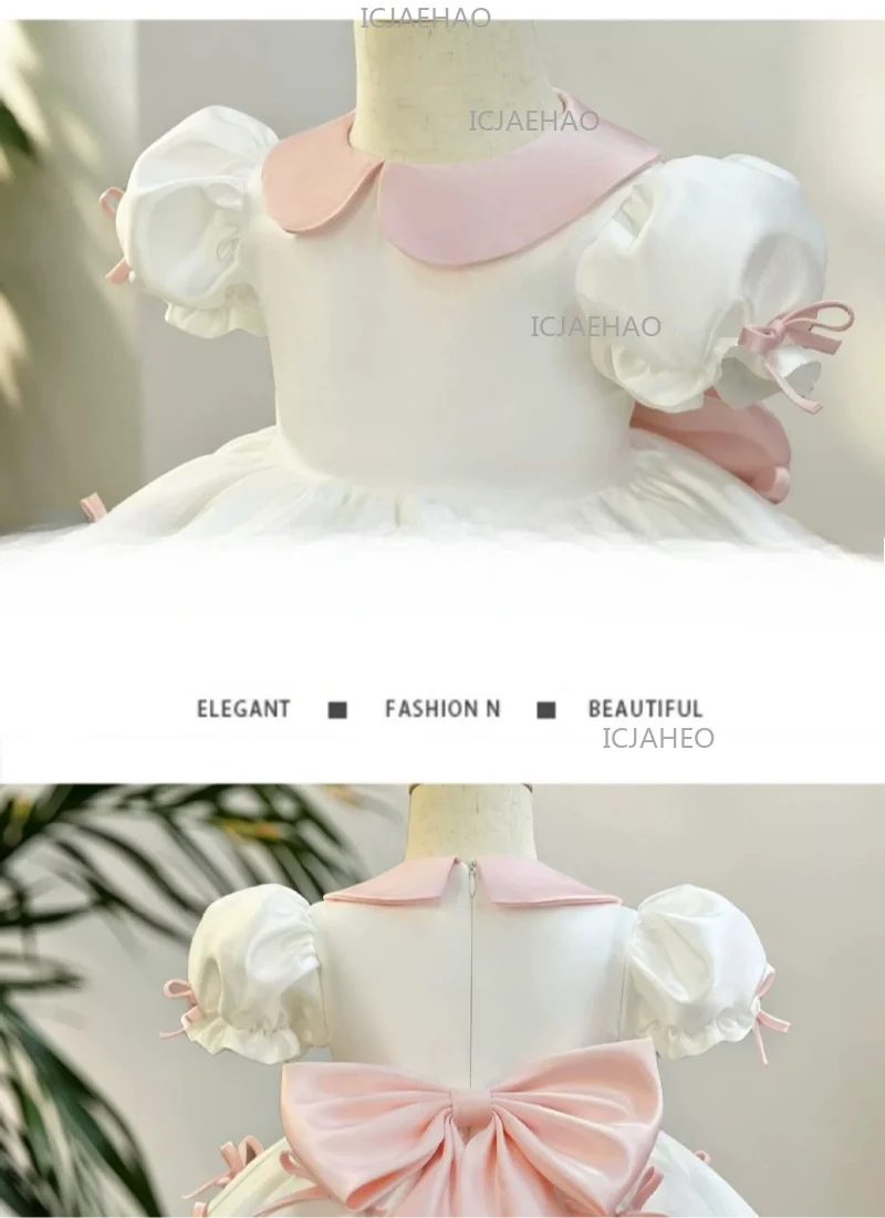 2026 Children Girls White Formal Wedding Dress Kids Fashion Performance Pink Bow Baby Birthday First Party Princess Gown Costume