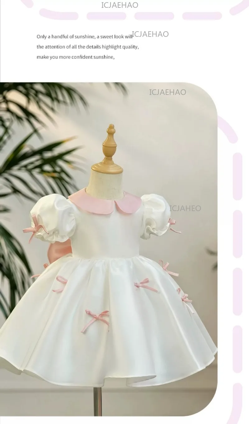 2026 Children Girls White Formal Wedding Dress Kids Fashion Performance Pink Bow Baby Birthday First Party Princess Gown Costume