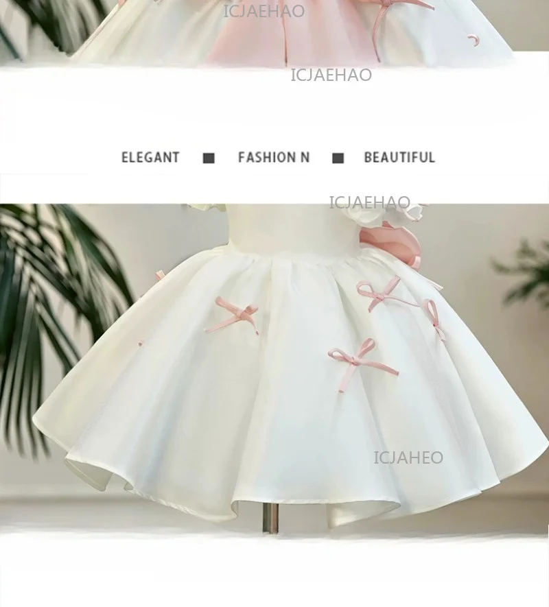 2026 Children Girls White Formal Wedding Dress Kids Fashion Performance Pink Bow Baby Birthday First Party Princess Gown Costume