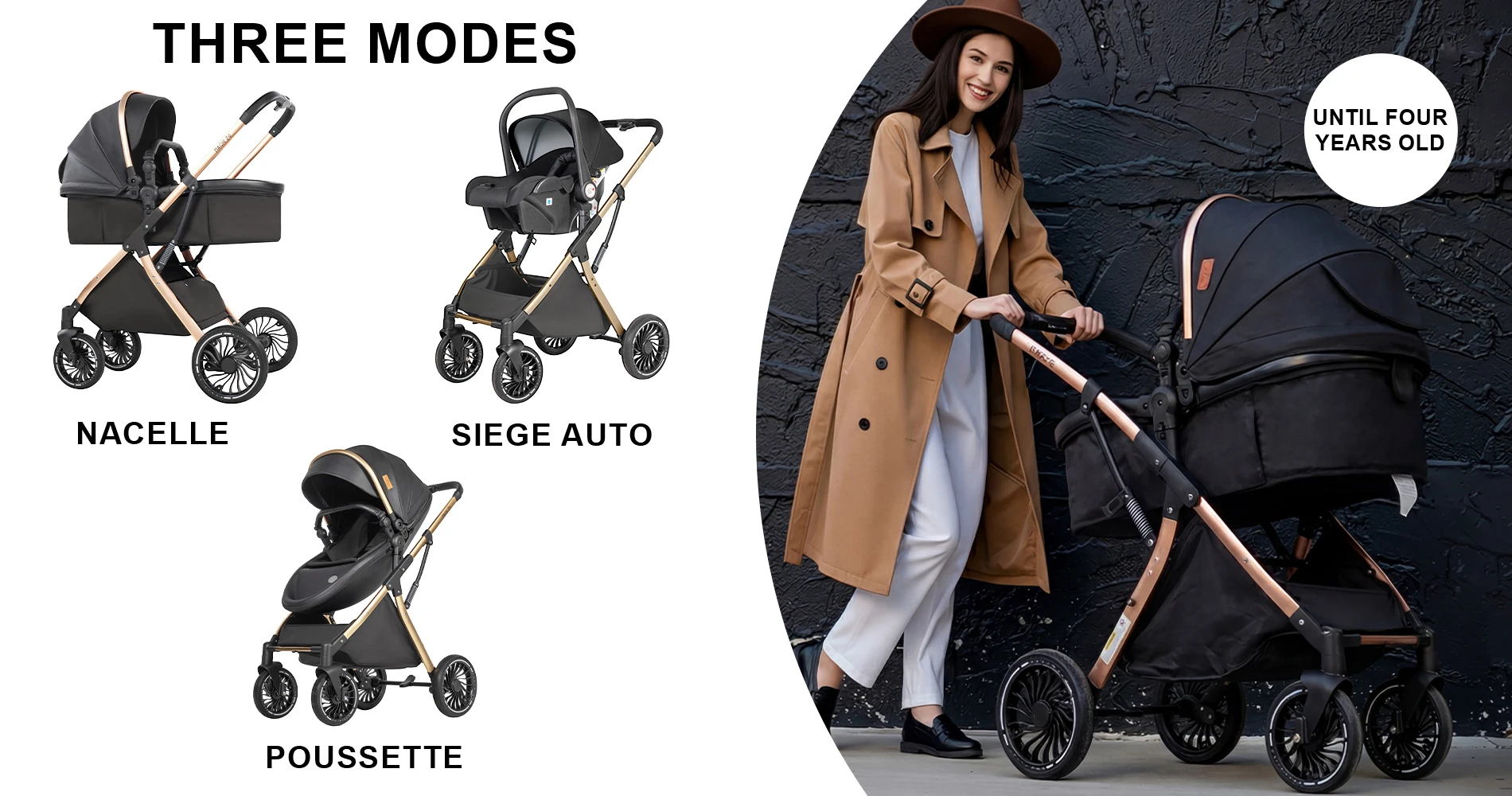 3 in 1 Baby Stroller Eggshell Design with Reversible Seat Adjustable Canopy Aluminum Frame Baby Travel System Baby Pram for Newborn to Toddler with Foldable Shock Absorbing Wheels for City Walks Shopping Trips and Family Travel
