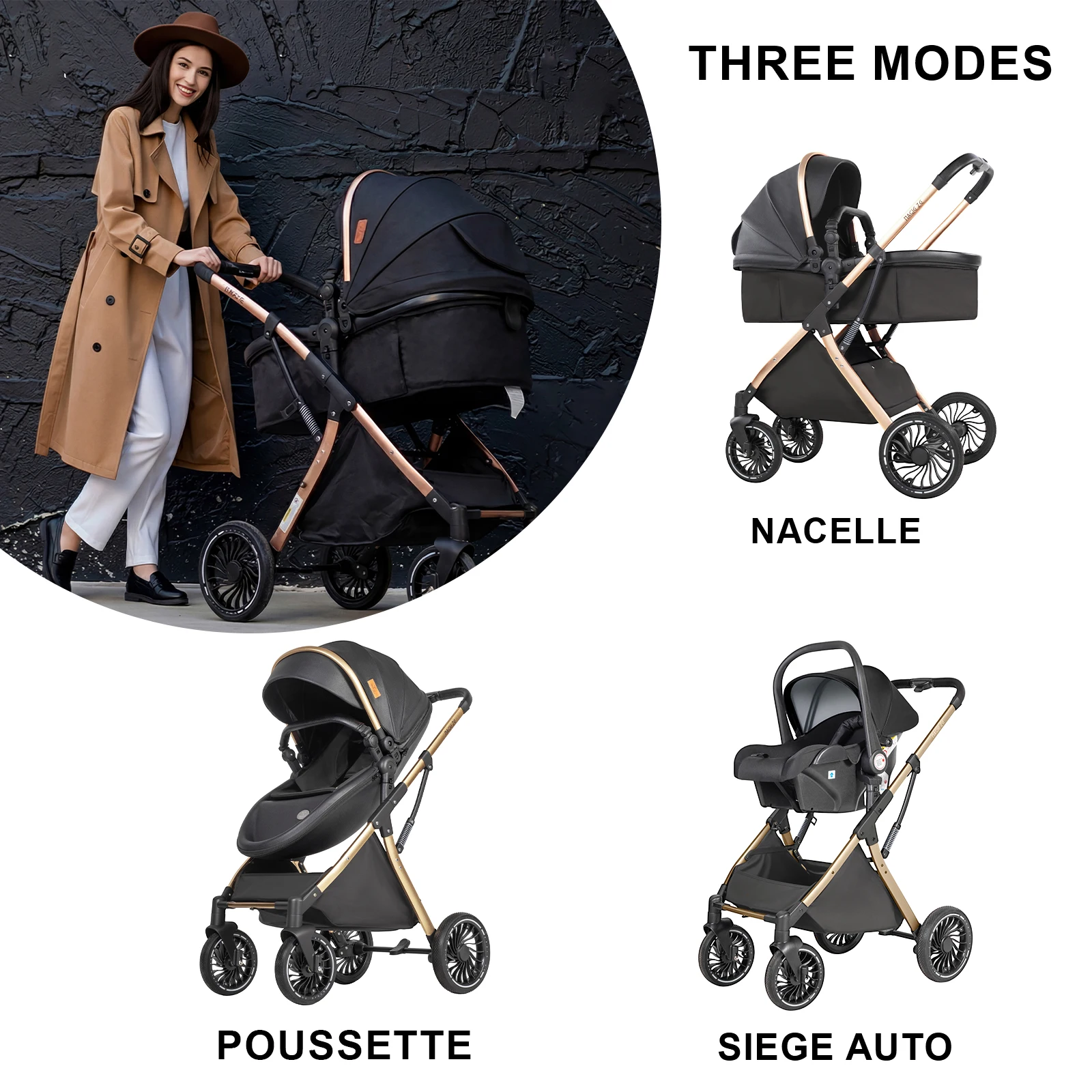 3 in 1 Baby Stroller Eggshell Design with Reversible Seat Adjustable Canopy Aluminum Frame Baby Travel System Baby Pram for Newborn to Toddler with Foldable Shock Absorbing Wheels for City Walks Shopping Trips and Family Travel