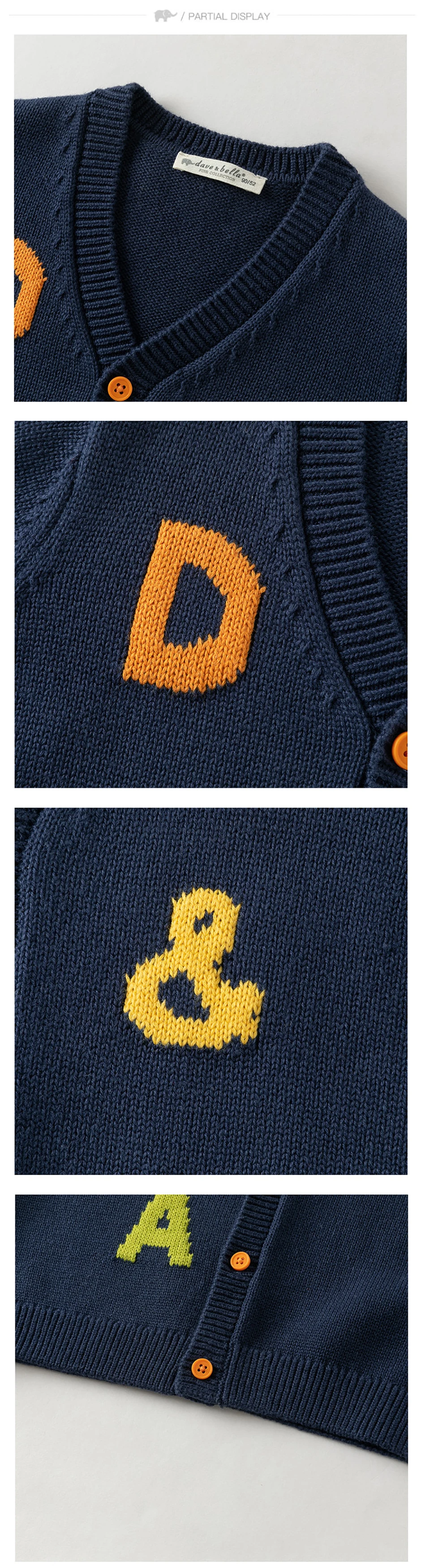 Dave Bella Sweater For Boys Children Autumn Clothing Cardigan Sweater Topcoat Spring Casual Navy Fashion Letter Gentle DB3262895