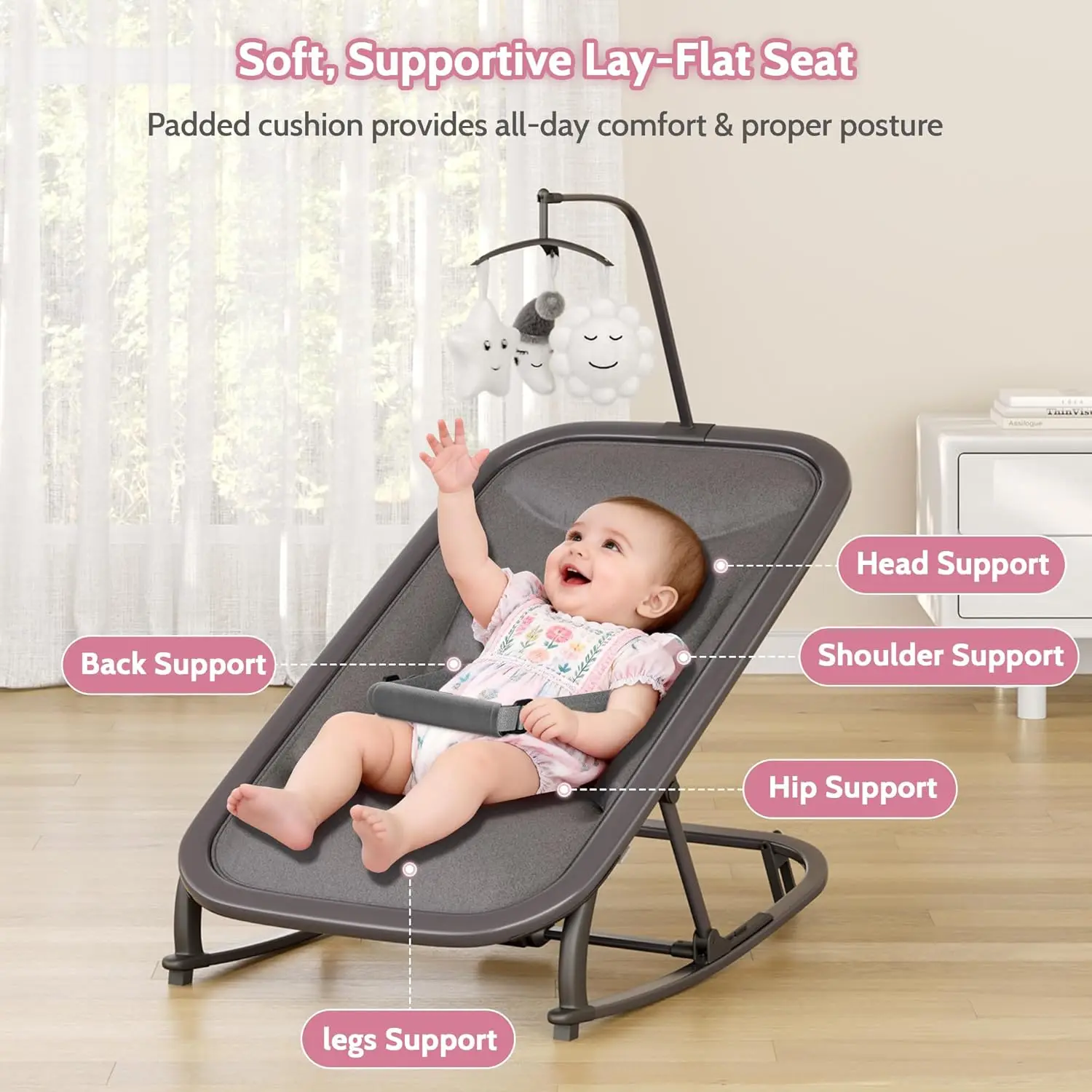 2-in-1 Baby Bouncer with Rocking Portable Bouncer Seat for Infant to Toddler with Removable Cushion Cover Ergonomic Design